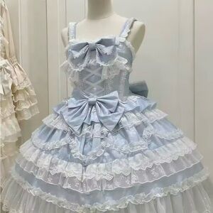 NEW Sweet Harajuku Lolita Elegant Blue and White Ruffled Dress